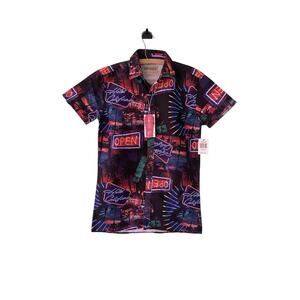 Surf Society Shirt Mens Small Button Up, Short Sleeve, Retro Neon Beach, Vented